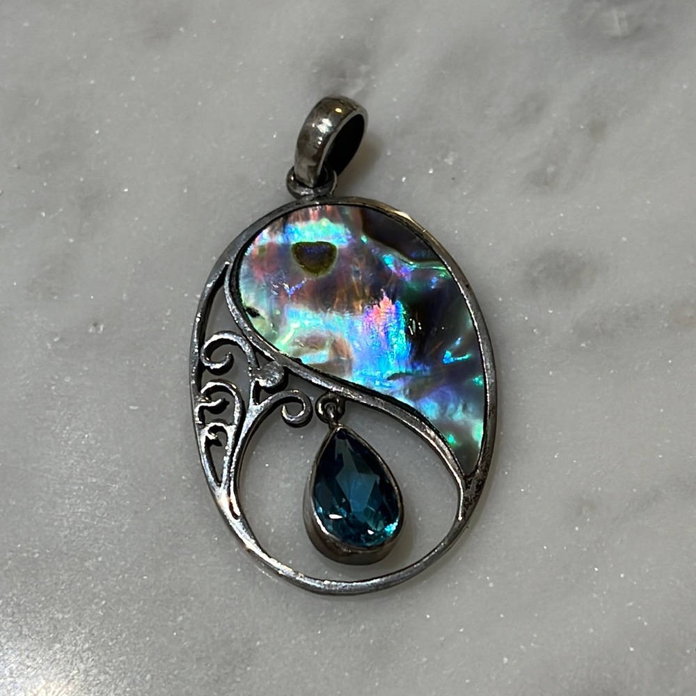 Silver, Mother of Pearl and Blue Stone Scroll pendant